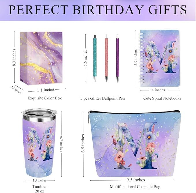 Personalized Gifts Monogrammed Birthday Gifts for Women, Her, Teacher Mother in Law Wedding Christmas Initial 20 oz Tumbler, Makeup Bag Cup Pens Journal Notebook 6 Set, (Aesthetic Purple Flower M)