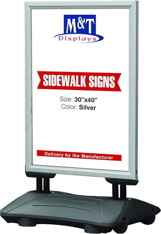 M&T Displays WindPro Weather and Wind Resistant Outdoor Pavement Curb Sidewalk Sign Holder for 30x40 Inch Posters Silver Aluminum Easy Front Loading Snap Frame Durable HDPE Black Water Base