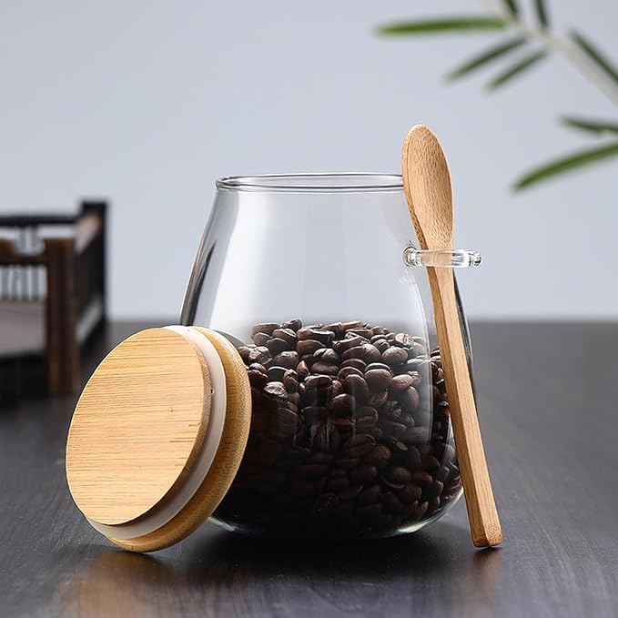 Airtight glass jar storage container with bamboo lid Set of 2, wide mouth, leak-proof, With a spoon, can be used for coffee beans, tea leaves, grains, dried fruits, etc (Middle)