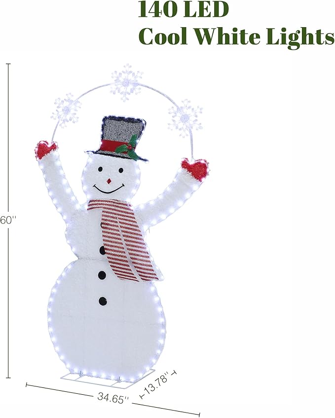 LuxenHome 5FT Lighted Snowman Outdoor Christmas Decorations, 2D Light Up Snowman Christmas Decor with 70 LED Light & Snowflake Arch, Xmas Decorations Outdoor, Indoor for Porch, Lawn Holiday Display