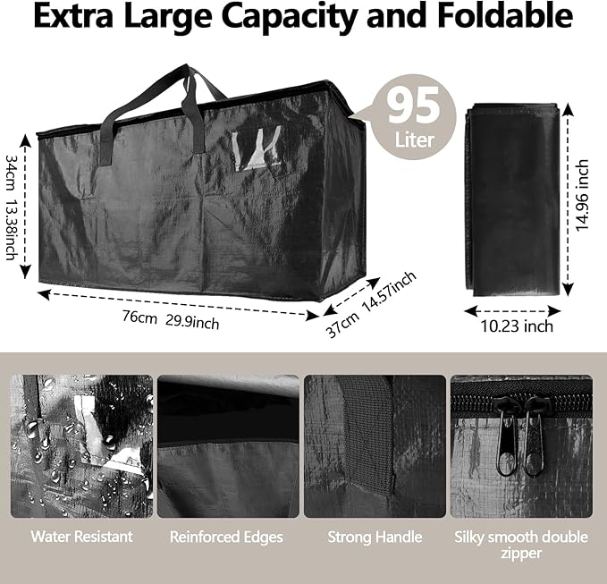 6 Pack Waterproof Moving Bags with Strong Zippers and Reinforced Handles, Real 100lb Capacity Extra Heavy Duty Large Storage Totes for Packing & Moving Storing, Alternative to Moving Boxes -95L,Black
