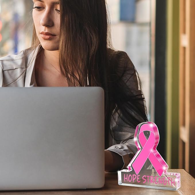 Pink Ribbon Breast Cancer Awareness Sign - 4x4 Inch "HOPE STRENGTH" Acrylic Desk Decor, Survivor Support Gift for Chemo Rooms, Offices, and Healing Spaces