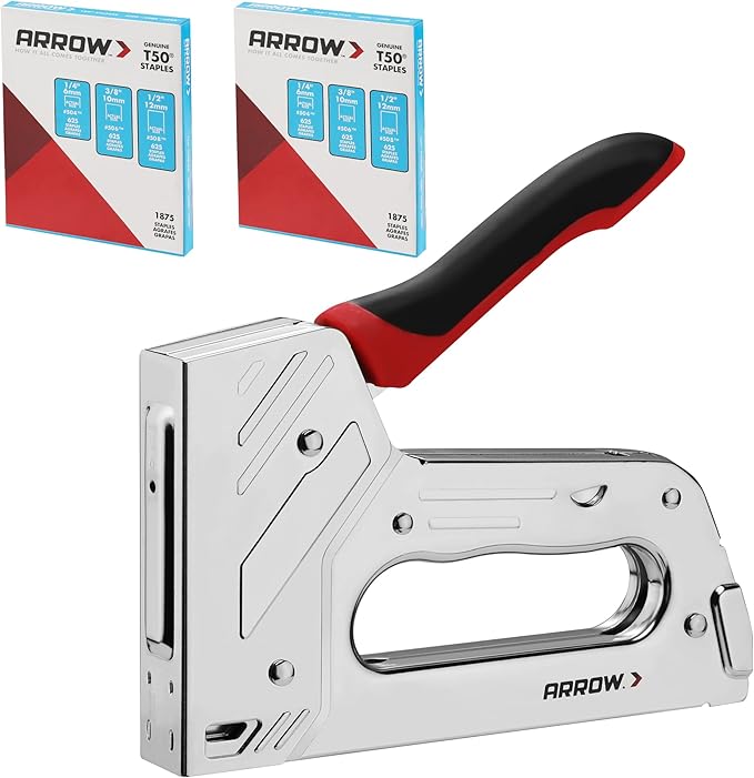 Arrow T55BL Staple Gun Kit, Heavy Duty Manual Stapler with 3750 Pieces T50 1/4", 3/8", 1/2" Staples, Soft Rubber Grip, for Upholstery Professional Projects