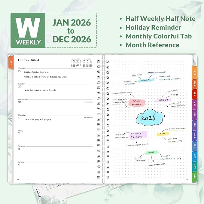 SUNEE 2026 Weekly and Monthly Planner - January 2026-December 2026, 6.4" x 8.3" Half Weekly Half Note, Daily Agenda Planner with PVC Waterproof Cover, Monthly Tab, Note, Pockets, Bookmark, Leaf