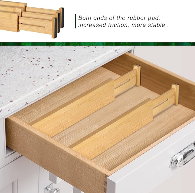 4 Pack Bamboo Drawer Dividers, Adjustable Length from 12 Inch to 17 Inch, Expandable Kitchen Drawer Organizer, Drawer Organization Separators for Clothes, Kitchen, Bedroom, Dresser, Office (Beige)