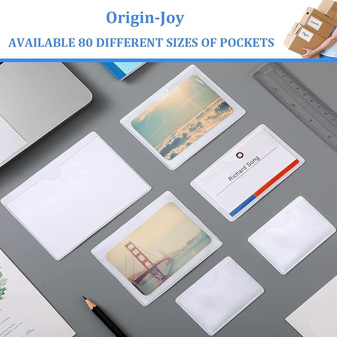 Origin-Joy 25 PCS Self-Adhesive Index Label Pockets, Clear Plastic Peel & Stick Card Holders with Top Open for Loading (5.5 x 8 inch)