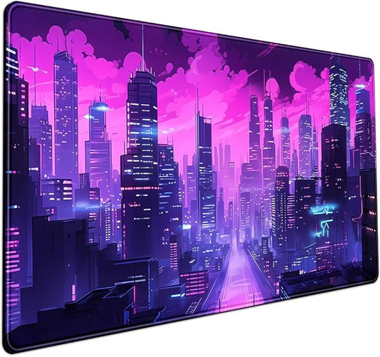 Cyberpunk Neon Purple City Gaming Desk Mouse Pad XL Pink Extended Mouse Pad Gaming, Keyboard Pc Office Laptop Mousepad Large, 31.5x15.8 in with Stitched Eges Non-Slip Base Mouse Pads