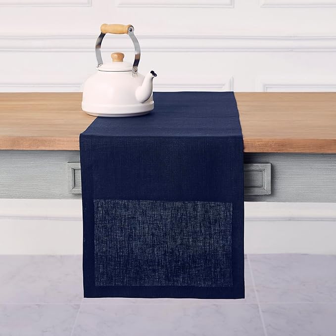 Solino Home Linen Navy Blue Table Runner 120 Inches Long - 100% Pure Linen Dining Table Runner 14 x 120 Inch for Fall, Autumn, Thanksgiving, Christmas, Holiday, Winter - Fete