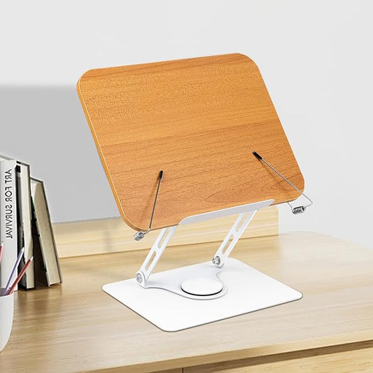 Honagu Book Stand for Reading, Adjustable Book Holder with 360 Degree Rotating Base & Page Clips, Hands Free Foldable Desktop Cookbook Stand for Sheet Music, Laptop, Recipe, Textbook (Yellow Wood)