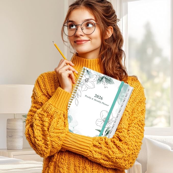 2026 Planner - Planner 2026 from January 2026 to December 2026 with 12 Monthly Tabs, Flexible Cover, Inner Pocket, 8.5" x 11", Teal Flowers