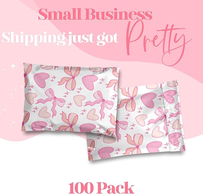 6x9 Designer Poly Mailer 100 Pack Heavy Duty Waterproof Self Seal Shipping Bags for Small Business Large Mailing Envelopes Bulk Tear Resistant Packaging Coquette Bows Hearts