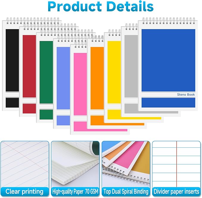 24 Pack Steno Pads 6x9 Spiral Notebooks Bulk 12 Assorted Colors Note Pads 60 Sheets Gregg Rule Writing Paper, Steno Notebooks for Students Teachers Men Women Professionals Office School Recording