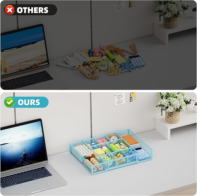 Marbrasse Expandable Desk Drawer Organizer, Mesh Drawer Organizer Tray with 10 Adjustable Compartments, Desk Organizers and Accessories for Office Supplies, Makeup & Vanity (Expandable-Blue)