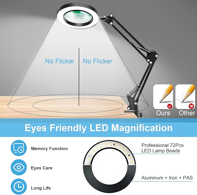 10X Magnifier Desk Lamp, 2-in-1 LED Magnifying Glass with Light and Clamp, Hands-Free Lighted Magnifier with 3 Color Modes for Craft Hobby Nail Repair Reading Close Works (Black, Clamp)