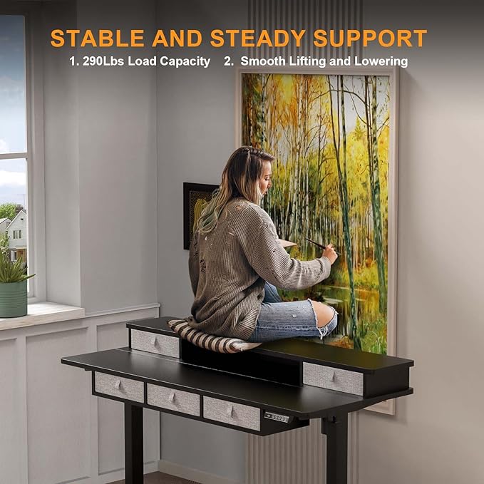 XINYAO Electric Standing Desk with 5 Drawers, 55x24 Inch Height Adjustable Sit Stand Up Desk with Storage Support 290lbs Ergonomic Rising Table with Wheels for Home Office
