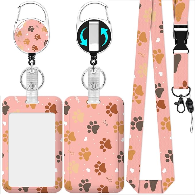 Puppy Paw Badge Holder Reel Lanyard,ID Card Badge Holder Retractable Name Tag Clips for Doctor Nurse Teacher Office Student