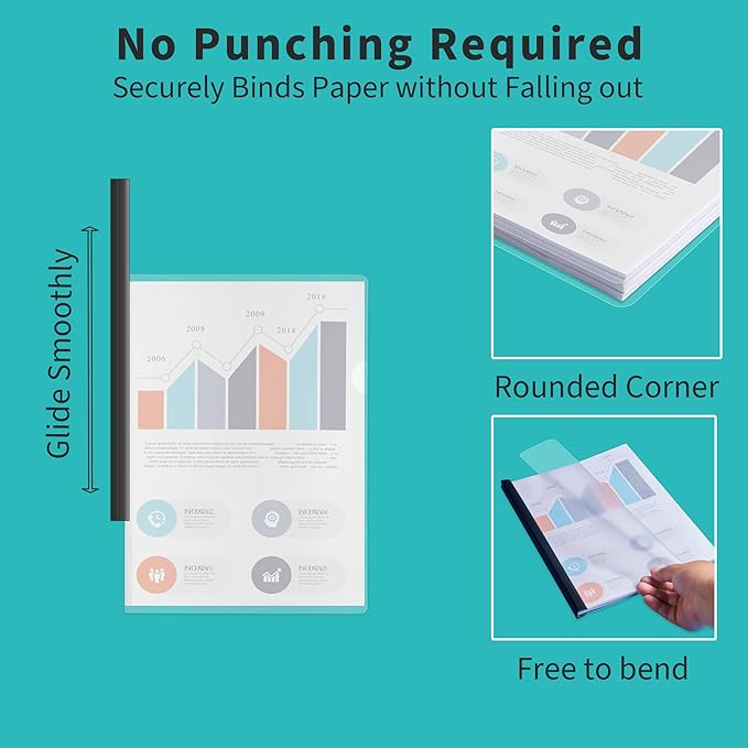 Binditek 12 Pack Heavyduty Clear Report Covers with Sliding Bars, 110 Sheet Capacity, 15mm Sliding Bar File Folder, Letter Size, 8 Mil Thick, Black, for Students and Coworkers