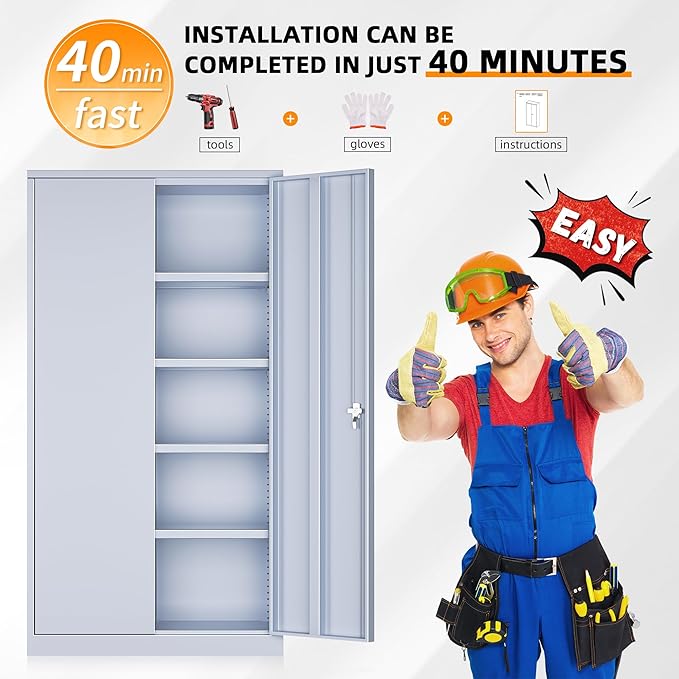 INTERGREAT Tall Metal Storage Cabinet Locking Steel with 4 Adjustable Shelves,72" Lockable Cabinets Lock 2 Doors for Office Garage Supply Home (Cement Gray)