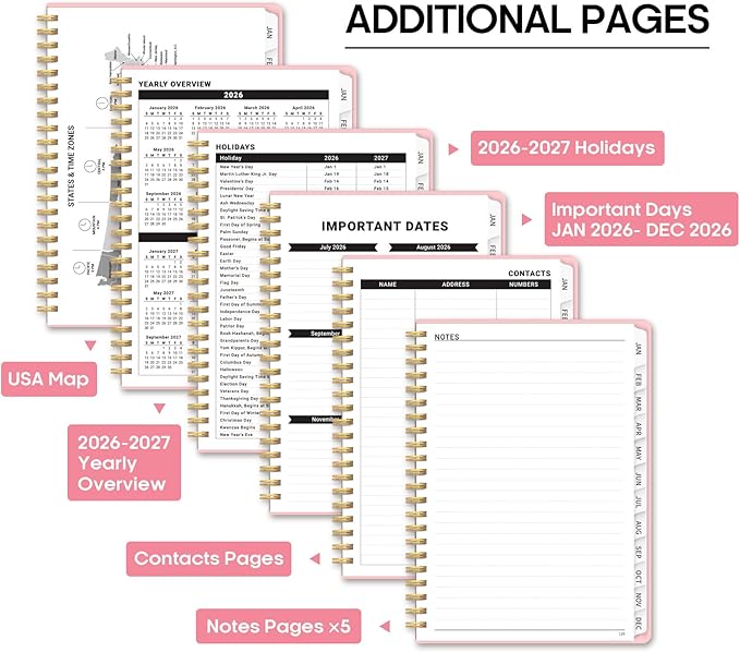 2026 Planner, Weekly and Monthly Calendar Planner Book, January 2026 - December 2026, Hardcover Spiral Planner with Monthly Tabs, Notes Pages, Perfect for Women & Men, A5 (6.4" x 8.5") - Pink