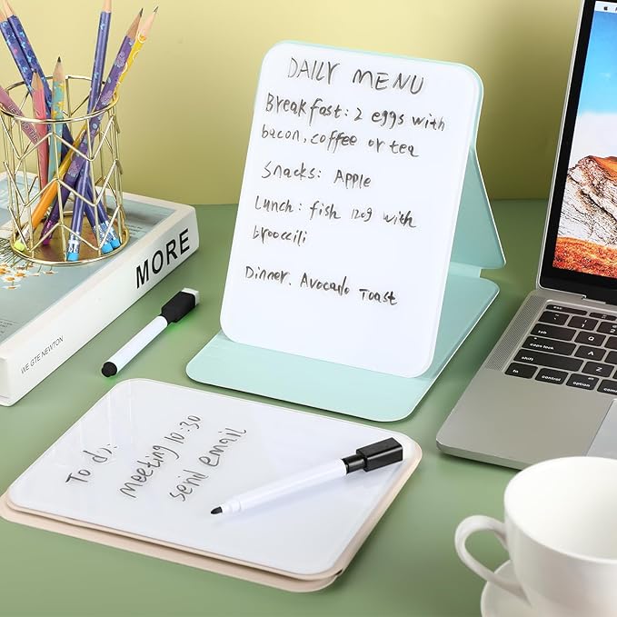 2 Pcs Small Glass Desktop Whiteboard with Reversable Stand 8 x 6 Inch Mini Dry Erase White Board Easel with 2 Markers Reusable Desk Notepad for Home Office School Supplies(White, Green)