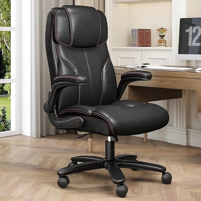 Office Chair Big and Tall 400lbs, High Back Executive Office Chair Flip Up Arms, Breathable Leather Home Office Computer Desk Chair with Lumbar Support Rocking Function, Black