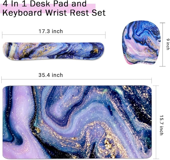 Keyboard Wrist Rest Large Mouse Pad Wrist Support for Computer, 4 in 1 Memory Foam Keyboard Pad Desk Mat Ergonomic Hand Rest Wrist Cushion for Home Office Gaming-Purple Marble