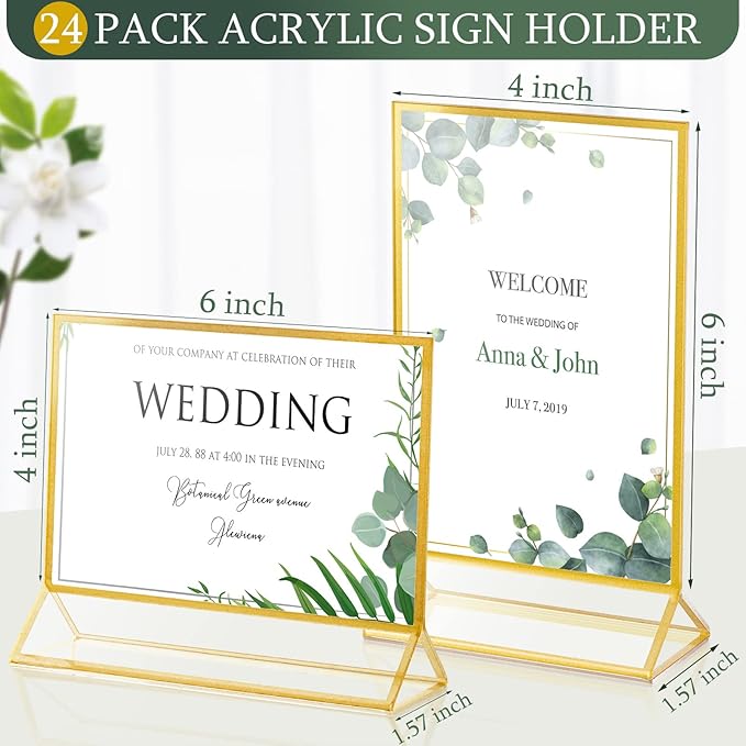 24 Pack Gold Picture Frames 4 x 6 Inch Clear Acrylic Sign Holders Double Sided Display Frames Bulk with Stand 2 mm Gold Border for Table Numbers Wedding Party (Horizontal, Vertical)
