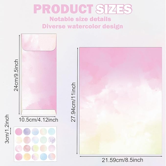 250Pcs Watercolor Stationery Paper and Envelope Set with 100 Letterhead Papers and 50 Envelopes, 10 Design for Letter Writing Invitations Computer Holidays Party Notes, 8.5x11 Inch-Aesthetic