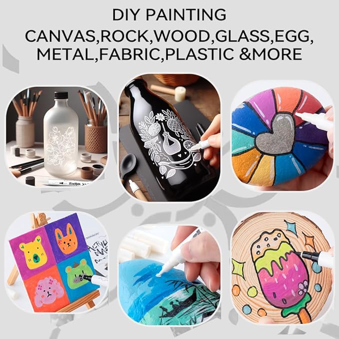 TRANSON 4 Black and 4 White Paint Markers Brush and Fine Dual-tip Acrylic Paint Marker Set for Rock Painting Glass Canvas Wood Leather Ceramic Painting