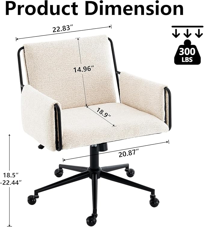 Kidol & Shellder Office Desk Chair with Arm, Swivel Adjustable Height with Wheels Comfortable Wide Seat for Home Office, Bedroom, Makeup Room, Beige