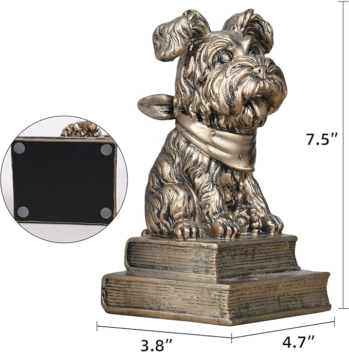 Vintage Antique Gold Dog Bookends,Decorative Book Ends for Shelves,Creative Resin Schnauzer Statues Book Holders for Desk Home Office Bookshelf Decoration,Gifts for Dog Enthusiasts