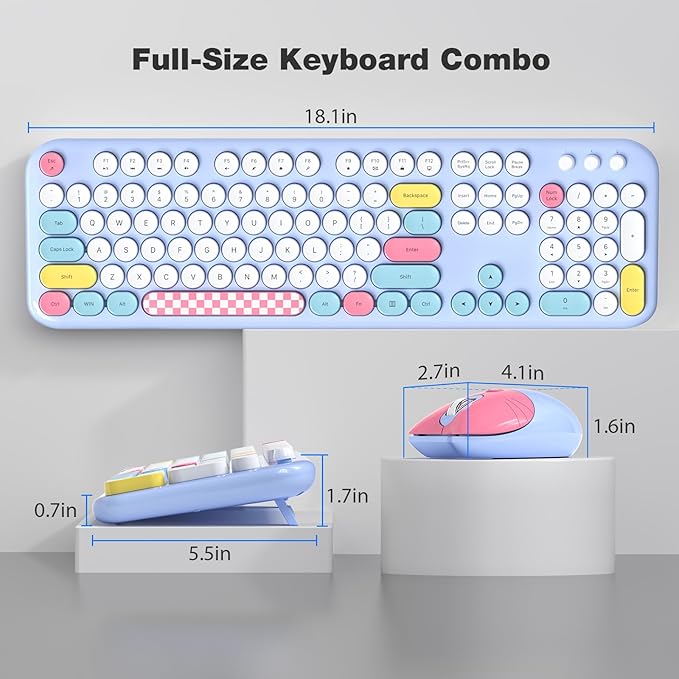 Wireless Keyboard and Mouse Combo, Full-Sized Typewriter Keyboards, Cute Cat Shaped Wireless Mouse, USB Plug and Play for Windows, Computer, PC, Laptop, Desktop (Blue Colorful)