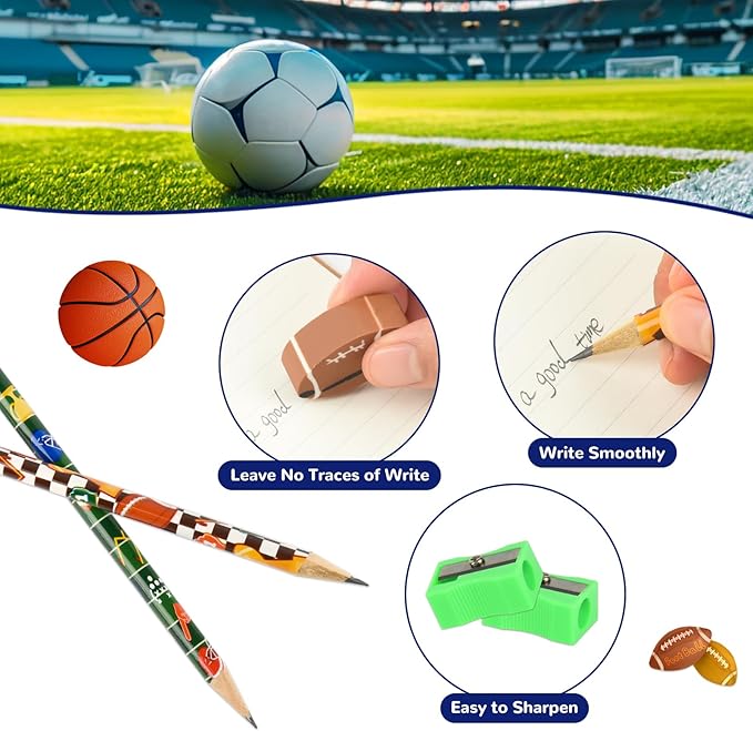 48 Pcs Sports Pencils and Erasers for Boys Girls Sports Birthday Gifts Assortment Stationery Pencils for Students Office School Classroom Supplies.