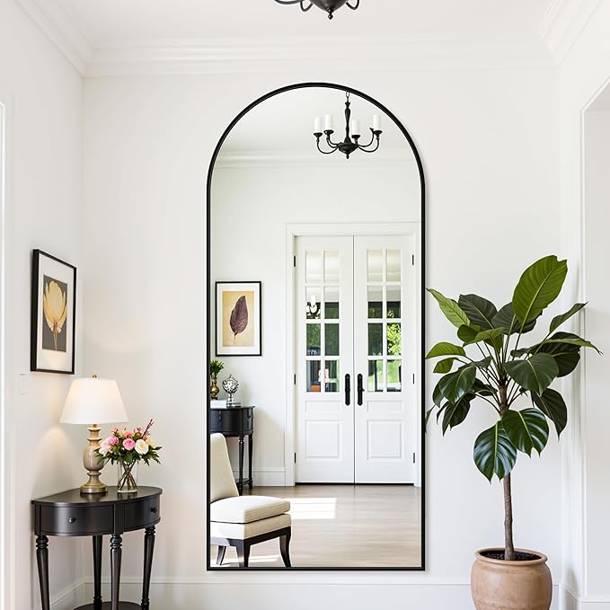 Full Length Mirror, 71"x28" Oversized Floor Mirror Freestanding, Full Body Mirror Floor Standing Mirrors with Stand, Hanging Mounted Mirrors for Bedroom Living Room, Black, Arched Style