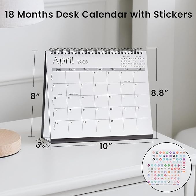 Desk Calendar 2025-2026,July 2025 to Dec 2026 18 Months Standing Flip Desk Calendar with Stickers,10" x 8" Desktop Calendar for Home Office School,Black