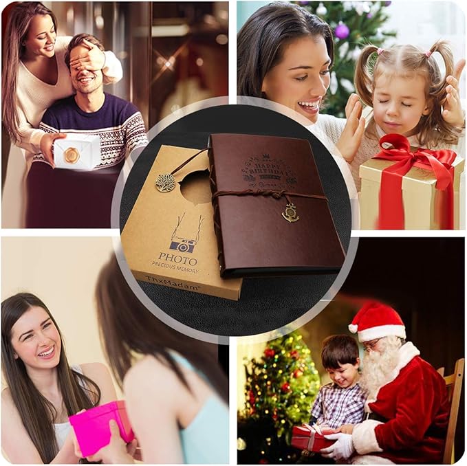 DIY Scrapbook Leather ThxMadam Vintage Scrap Book Photo Album Birthady Memories Book With 60 Black Pagse, Gift for Mum Dad Son Daughter Grandfather Grandma Girl Boy Friend Him or Her