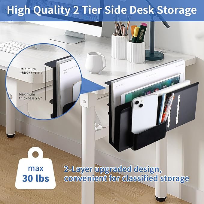 LUKETURE Desk Side Storage, 2 Tier Steel Hanging Organizer, No Drill Side Desk Organizer, Laptop Holder, with Pen Holder, Hanging Table Storage for Office Home, Fits Flat Edge Tables 0.3" to 2.8"