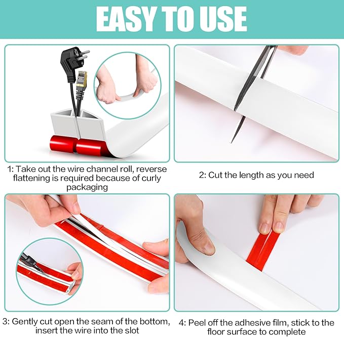 Floor Cord Cover Cavity 0.8"x0.37" Self Adhesive Cord Hider, 10FT Low Profile Cable Management, Extension Strip Protector for Wires, Prevent Cable Trips for Offices, Gyms, Exhibitions（White）