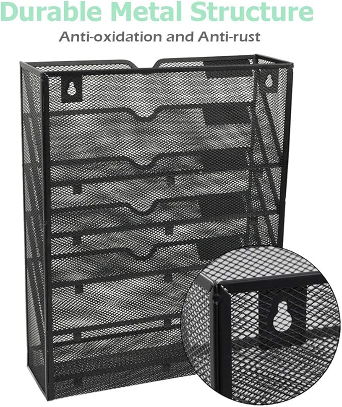 EASEPRES Desk File Organizer Mesh 6-Tier, Hanging Wall Mount Document Organization Stand, Desktop Vertical Mail Paper Folder Holder Rack with Bottom Tray for Office Home Cubicle, Sides Closed, Black