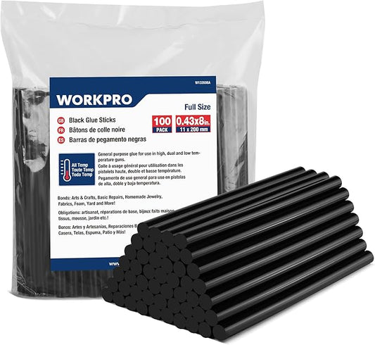WORKPRO 100 Pack Black Hot Melt Adhesive Glue Sticks for All-Temp Glue Guns, 0.43x8 Inches, Multipurpose for DIY Craft General Repairs, Home Decorations and Gluing Projects
