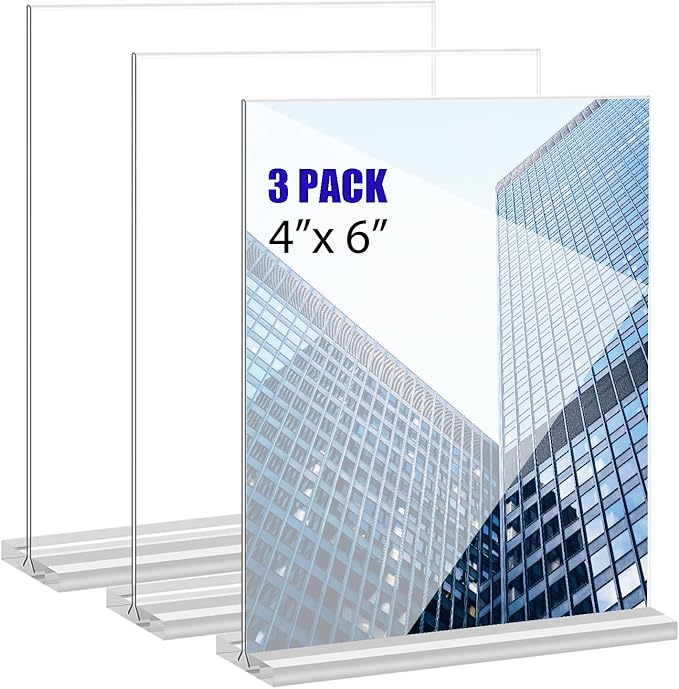 Acrylic Sign Holder 4x6 Inches 3 Pack T Shape Desktop Display Stand Vertical Double Sided Clear Table Menu Flyer Holder for Restaurants, Office, Shop, Wedding