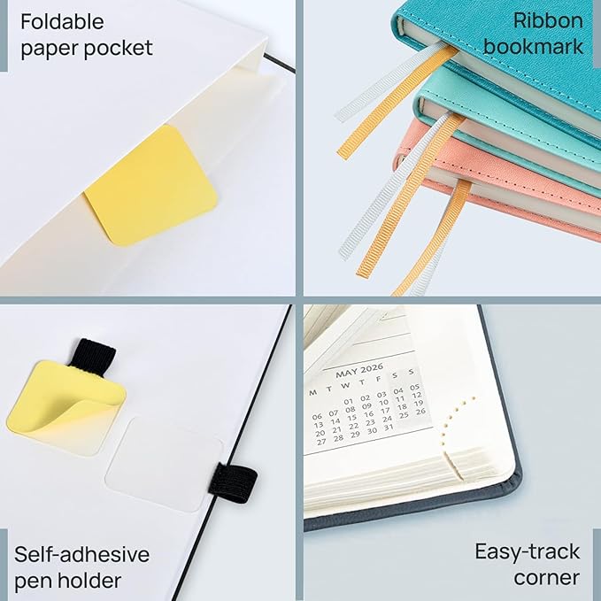 POPRUN Pocket Calendar 2026 (Small Size- 4'' x 6.25") Weekly and Monthly for Purse - Planner 2026 (Jan. 2026 - Dec. 2026) with Vegan Leather Soft Cover, Plastic Ruler, Pen Holder and More - Pacific Green