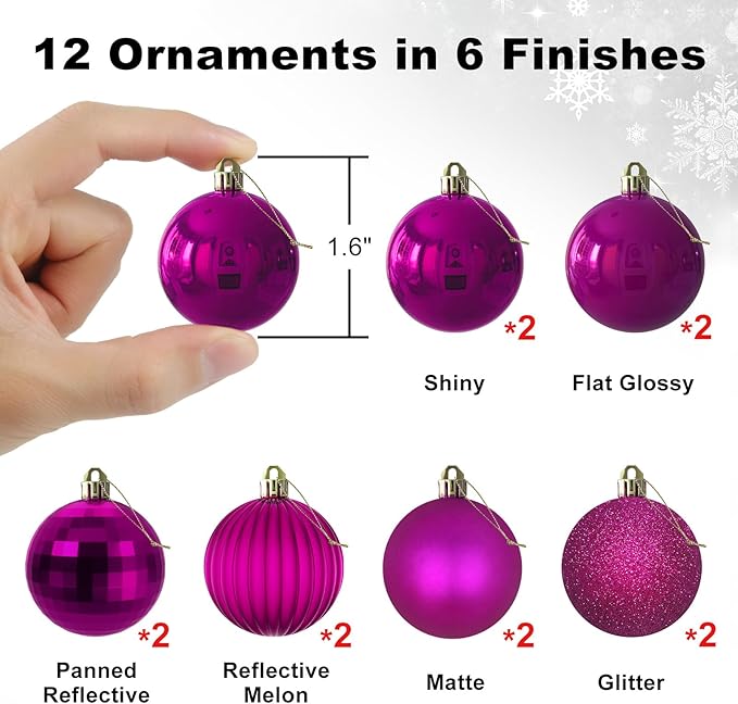 Fuchsia 1.6" Small Christmas Balls Christmas Tree Decoration Ornaments Shatterproof Hanging Balls for Birthday Halloween Holiday Wedding Decorations Set of 12pcs