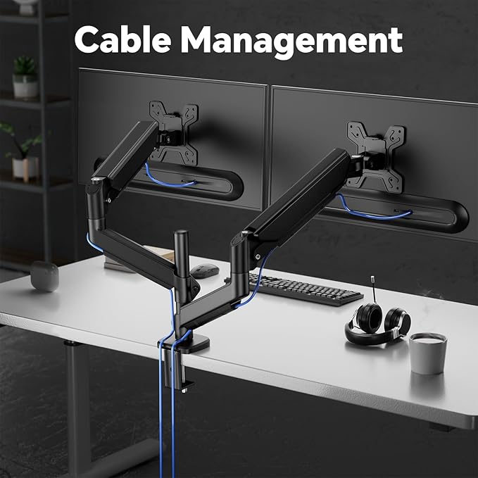Simple Trending Dual Monitor Stand, Full Adjustable Monitor Mount, Gas Spring Monitors Arm for 13-32 inch Computer, VESA Mount with C-clamp & Grommet Mounting Holds Max 20 lbs Each, Freelift Black