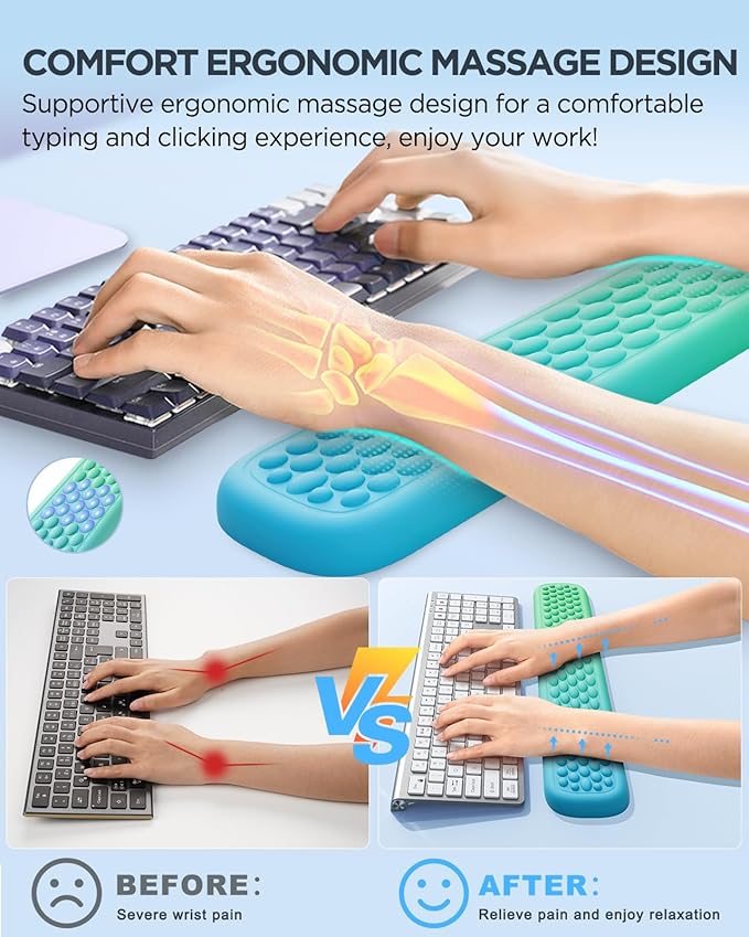 Lekvey Keyboard Wrist Rest, Silky Memory Foam Wrist Rest for Computer Keyboard, Mouse, Ergonomic Massage Design for Typing Pain Relief, Desk Pads Support Hand and Arm, Stain Resistant, Green Blue
