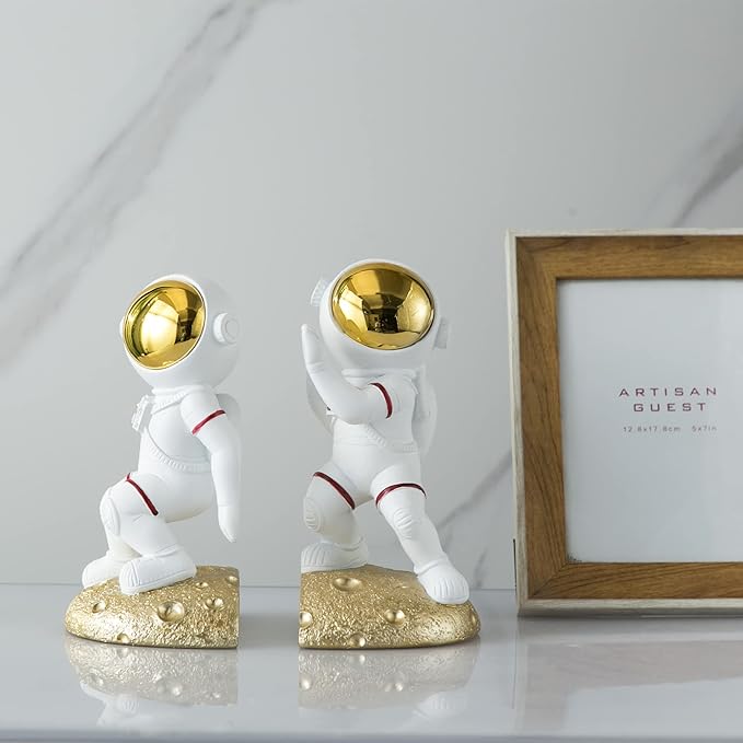 Space Theme Bookends for Shelves, Astronaut Moon Book Ends for Kids Room, Decorative Planet Book Stoppers to Hold Books Heavy Duty, Unique Boys and Girls Gift (Gold)