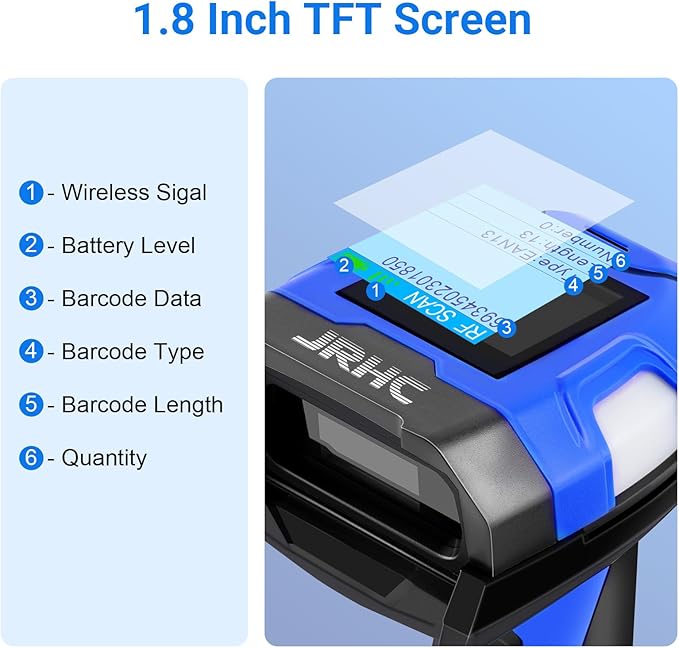 Barcode Scanner Industrial, Wireless 1D Laser Bar Code Scanners 2 in 1 Plug and Play Rugged Heavy Duty & IP65 Waterproof, Long-Distance Wireless Handheld Barcode Reader with 1.8" Screen