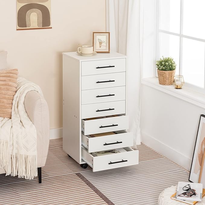 HOOBRO 7-Drawer File Cabinet, Wooden Office Cabinet with Drawers, Mobile Storage Filing Drawer for Home Office, Study, Easy Assembly, White WT07WJ01