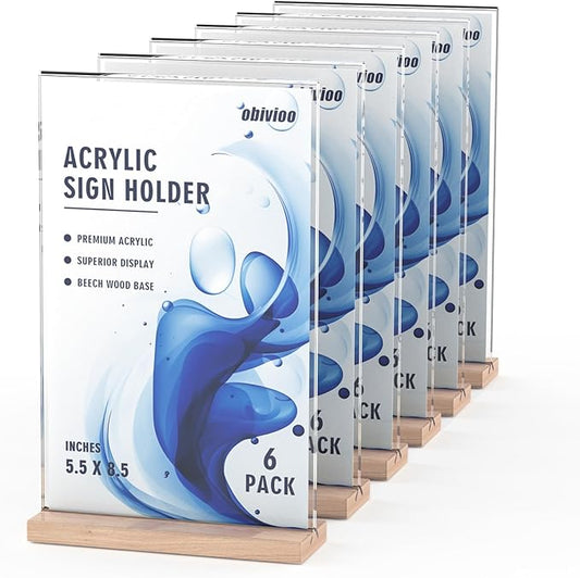 Acrylic Sign Holder 5.5x8.5 with Wood Base, Clear T shape Table Display Stands for Office, House, Store, Restaurants, and Event use, Double side Flyer Holder for Ads, Menu, Picture etc.(6 packs)