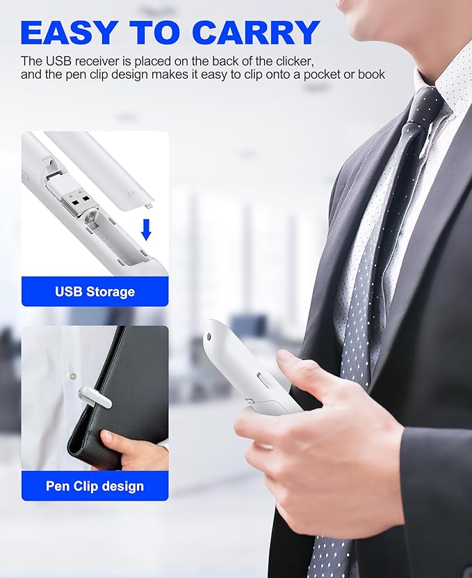 DinoFire White USB C Presentation Clicker Wireless Presenter Remote for PowerPoint Presentations,Volume Control PPT Slide Advancer for Mac Laptop PC Computer